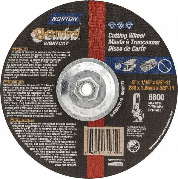 Norton - 9" Wheel Diam, 1/16" Wheel Thickness, Type 27 Depressed Center Wheel - Aluminum Oxide, 6,600 Max RPM, Compatible with Angle Grinder - USA Tool & Supply