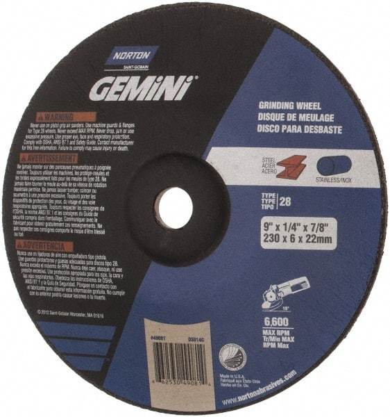 Norton - 24 Grit, 9" Wheel Diam, 1/4" Wheel Thickness, 7/8" Arbor Hole, Type 28 Depressed Center Wheel - Aluminum Oxide, 6,600 Max RPM, Compatible with Angle Grinder - USA Tool & Supply