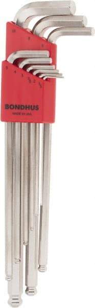 Bondhus - 9 Piece L-Key Ball End Hex Key Set - Hex Range 1.5 to 10mm, 11" OAL, Protanium High Torque Steel - USA Tool & Supply