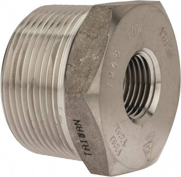 Merit Brass - 1-1/2 x 1/2" Grade 316/316L Stainless Steel Pipe Hex Bushing - MNPT x FNPT End Connections, 3,000 psi - USA Tool & Supply