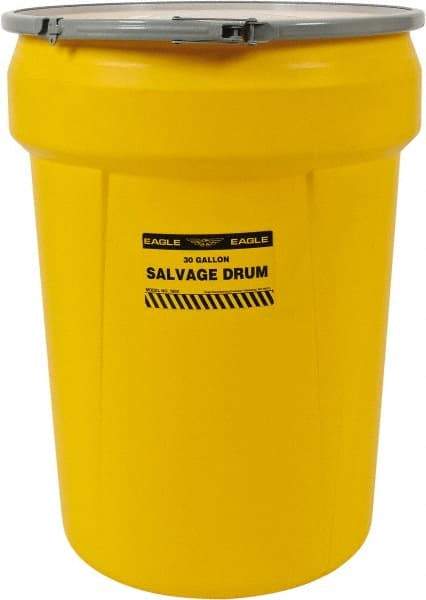 Eagle - 30 Gallon Capacity, Metal Lever Lock, Yellow Salvage Drum - 5 Gallon Container, Polyethylene, 220 Lb. Capacity, UN 1H2/X100/S Listing - USA Tool & Supply