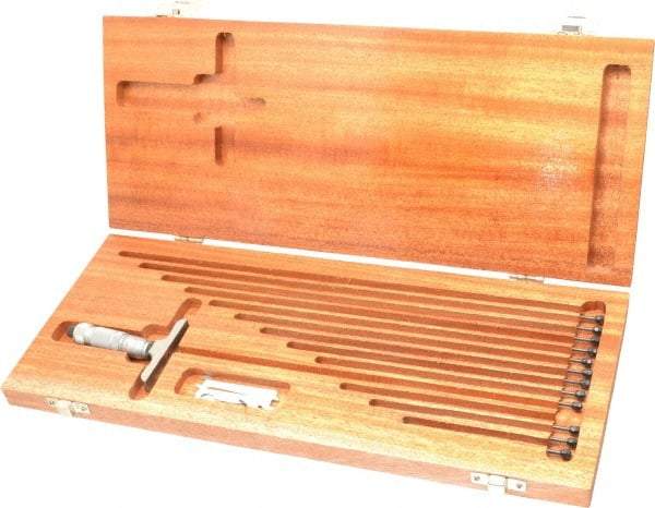 TESA Brown & Sharpe - 0 to 12" Range, 12 Rod, Satin Chrome Finish Mechanical Depth Micrometer - Friction Thimble, 2-1/2" Base Length, 0.001" Graduation, 1/8" Rod Diam - USA Tool & Supply