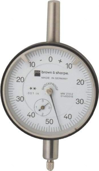 TESA Brown & Sharpe - 0.35" Range, 0-50-0 Dial Reading, 0.001" Graduation Dial Drop Indicator - 2-1/4" Dial, 0.1" Range per Revolution, Revolution Counter - USA Tool & Supply