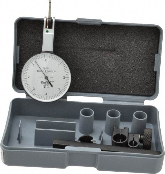 TESA Brown & Sharpe - 0.008 Inch Range, 0.0001 Inch Dial Graduation, Horizontal Dial Test Indicator - 1-1/2 Inch White Dial, 0-4-0 Dial Reading, Accurate to 0.0001 Inch - USA Tool & Supply