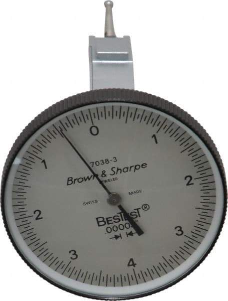 TESA Brown & Sharpe - 0.008 Inch Range, 0 Inch Dial Graduation, Vertical Dial Test Indicator - 1-1/2 Inch White Dial, 0-4-0 Dial Reading - USA Tool & Supply