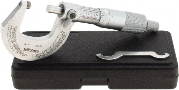 Mitutoyo - 0 to 1" Range, 0.0001" Graduation, Mechanical Outside Micrometer - Ratchet Stop Thimble, Accurate to 0.0001" - USA Tool & Supply