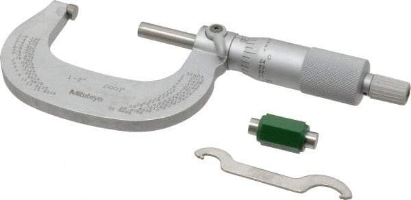Mitutoyo - 1 to 2" Range, 0.0001" Graduation, Mechanical Outside Micrometer - Ratchet Stop Thimble, Accurate to 0.0001" - USA Tool & Supply
