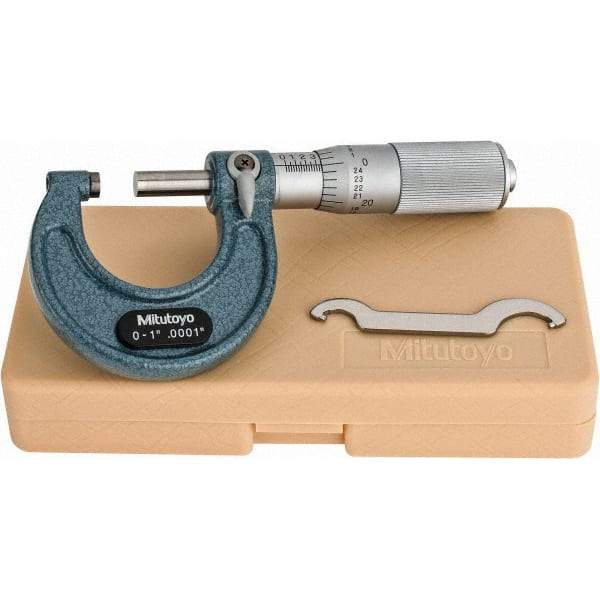 Mitutoyo - 0 to 1" Range, 0.0001" Graduation, Mechanical Outside Micrometer - Friction Thimble, Accurate to 0.0001" - USA Tool & Supply