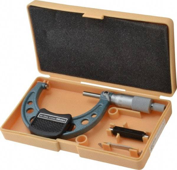 Mitutoyo - 50 to 75mm Range, 0.01mm Graduation, Mechanical Outside Micrometer - Ratchet Stop Thimble, Accurate to 0.0001" - USA Tool & Supply