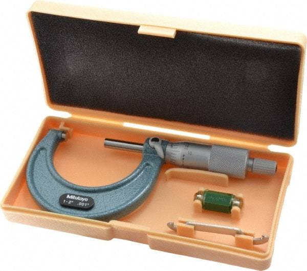 Mitutoyo - 1 to 2" Range, 0.001" Graduation, Mechanical Outside Micrometer - Ratchet Stop Thimble, Accurate to 0.0001" - USA Tool & Supply