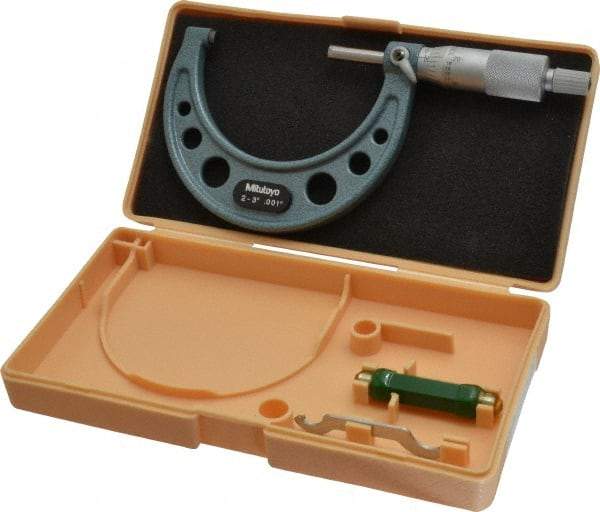 Mitutoyo - 2 to 3" Range, 0.001" Graduation, Mechanical Outside Micrometer - Ratchet Stop Thimble, Accurate to 0.0001" - USA Tool & Supply
