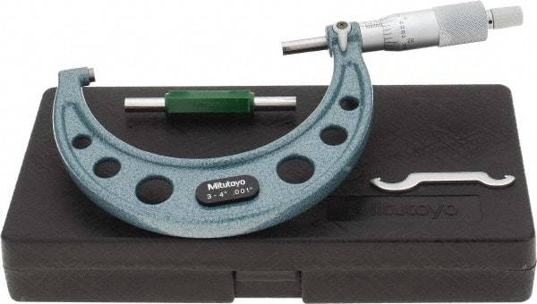 Mitutoyo - 3 to 4" Range, 0.001" Graduation, Mechanical Outside Micrometer - Ratchet Stop Thimble, Accurate to 0.00015" - USA Tool & Supply