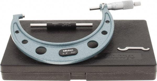 Mitutoyo - 5 to 6" Range, 0.001" Graduation, Mechanical Outside Micrometer - Ratchet Stop Thimble, Accurate to 0.00015" - USA Tool & Supply