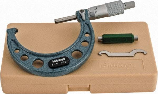 Mitutoyo - 2 to 3" Range, 0.0001" Graduation, Mechanical Outside Micrometer - Ratchet Stop Thimble, Accurate to 0.0001" - USA Tool & Supply