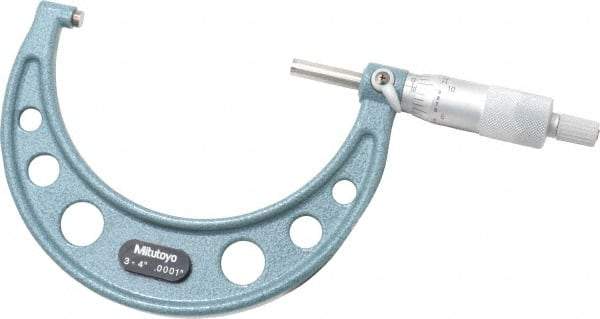 Mitutoyo - 3 to 4" Range, 0.0001" Graduation, Mechanical Outside Micrometer - Ratchet Stop Thimble, Accurate to 0.00015" - USA Tool & Supply