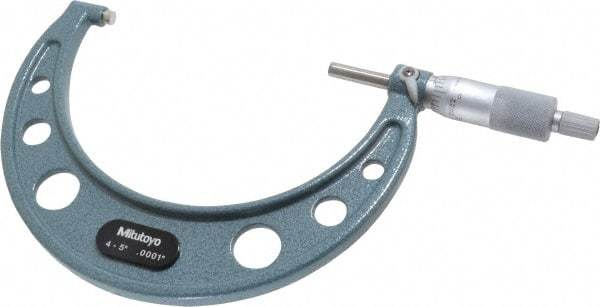 Mitutoyo - 4 to 5" Range, 0.0001" Graduation, Mechanical Outside Micrometer - Ratchet Stop Thimble, Accurate to 0.00015" - USA Tool & Supply