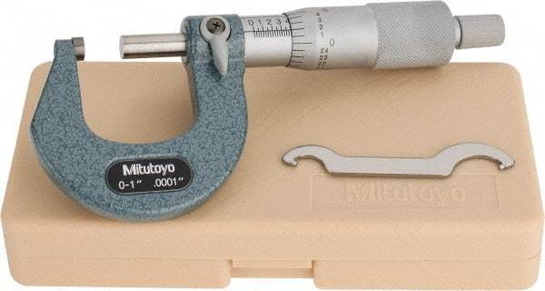 Mitutoyo - 0 to 1" Range, 0.0001" Graduation, Mechanical Outside Micrometer - Ratchet Stop Thimble, Accurate to 0.0001" - USA Tool & Supply