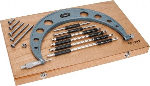 Mitutoyo - 6 Anvil, Mechanical, 6 to 12 Inch Range, Digital Counter Carbide Face Interchangeable Anvil Micrometer - Ratchet Stop Thimble, 0.00016 + 0.00004 (L/3) Inch Accuracy, 0.001 Inch Graduation, Includes Wooden Case - USA Tool & Supply