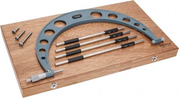 Mitutoyo - 4 Anvil, Mechanical, 12 to 16 Inch Range, Digital Counter Carbide Face Interchangeable Anvil Micrometer - Ratchet Stop Thimble, 0.00016 + 0.00004 (L/3) Inch Accuracy, 0.001 Inch Graduation, Includes Wooden Case - USA Tool & Supply