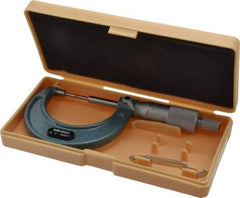 Mitutoyo - 1 Inch, 38mm Throat Depth, Mechanical Spline Micrometer - Accurate Up to 0.00015 Inch, 0.0001 Inch Graduation, 1/4 Inch Spindle Diameter, 18mm Head Diameter, Ratchet Stop Thimble - USA Tool & Supply