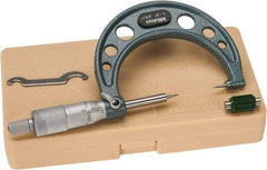 Mitutoyo - 1 to 2 Inch, 49mm Throat Depth, Ratchet Stop, Mechanical Point Micrometer - Accurate Up to 0.00015 Inch, 0.001 Inch Graduation, 0.5039 Inch Point Length, 15° Point Angle, 18mm Head Diameter, 6.35mm Spindle Diameter - USA Tool & Supply