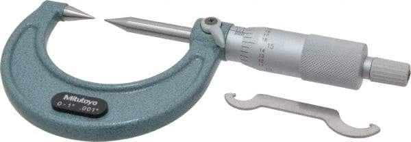 Mitutoyo - 1 Inch, 38mm Throat Depth, Ratchet Stop, Mechanical Point Micrometer - Accurate Up to 0.00015 Inch, 0.001 Inch Graduation, 0.5039 Inch Point Length, 30° Point Angle, 18mm Head Diameter, 6.35mm Spindle Diameter - USA Tool & Supply