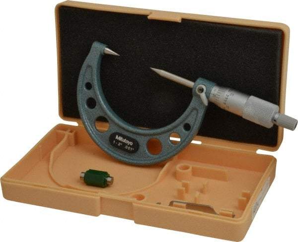 Mitutoyo - 1 to 2 Inch, 49mm Throat Depth, Ratchet Stop, Mechanical Point Micrometer - Accurate Up to 0.00015 Inch, 0.001 Inch Graduation, 0.5039 Inch Point Length, 30° Point Angle, 18mm Head Diameter, 6.35mm Spindle Diameter - USA Tool & Supply