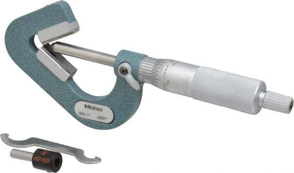 Mitutoyo - 0.09 to 1 Inch Measurement, 0.0001 Inch Graduation, Accuracy Up to 0.0002 Inch, 3 Flutes Measured, Ratchet Stop Thimble, Mechanical V Anvil Micrometer - Satin Chrome Finish, Carbide - USA Tool & Supply