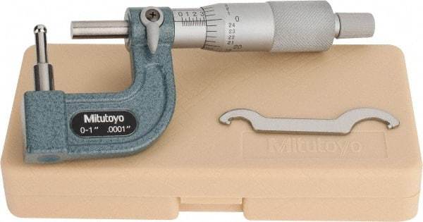 Mitutoyo - 1 Inch Measurement Range, 0.0001 Inch Graduation, Barrel Anvil, Ratchet Stop Thimble, Mechanical Tube Micrometer - Accurate Up to 0.0002 Inch, Carbide, Includes Plastic Case - USA Tool & Supply