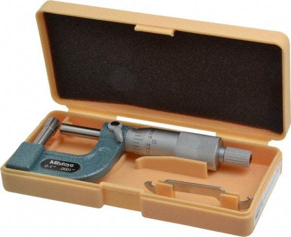 Mitutoyo - 1 Inch Measurement Range, 0.0001 Inch Graduation, Barrel Anvil, Ratchet Stop Thimble, Mechanical Tube Micrometer - Accurate Up to 0.0002 Inch, Carbide, Includes Plastic Case - USA Tool & Supply