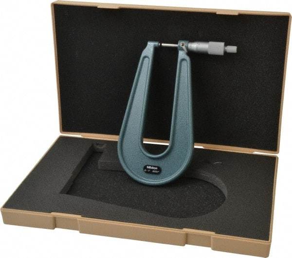 Mitutoyo - 0 to 1" Range, 0.0001" Graduation, Mechanical Outside Micrometer - Ratchet Stop Thimble, 6.3" Throat Depth, Accurate to 0.0002" - USA Tool & Supply