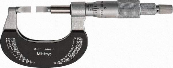 Mitutoyo - 0" to 1" Mechanical Satin Chrome Coated with Thermal Shield Blade Micrometer - 0.0002" Accuracy, 0.0001" Graduation, 0.75mm Blade Thickness, Ratchet Stop Thimble - USA Tool & Supply