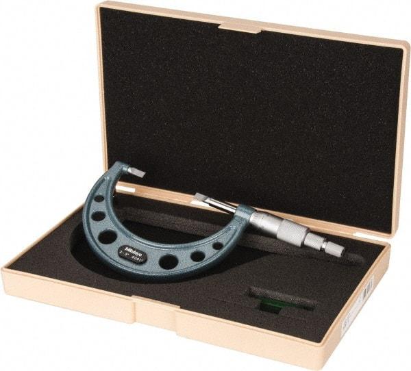 Mitutoyo - 2" to 3" Mechanical Hammertone Green Coated Blade Micrometer - 0.0002" Accuracy, 0.0001" Graduation, 0.75mm Blade Thickness, Ratchet Stop Thimble - USA Tool & Supply