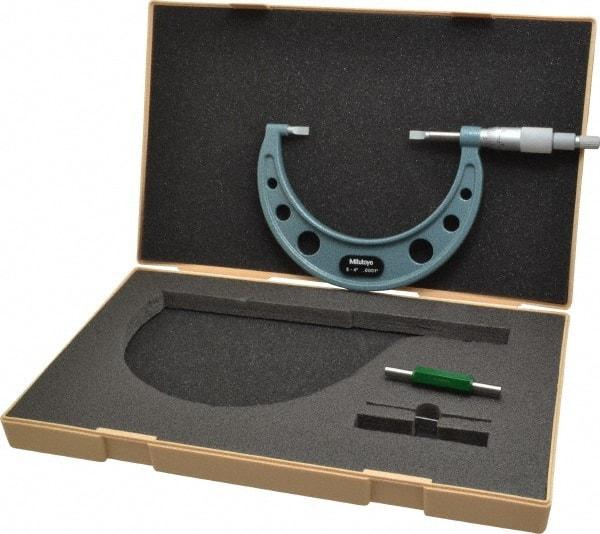 Mitutoyo - 3" to 4" Mechanical Hammertone Green Coated Blade Micrometer - 0.0002" Accuracy, 0.0001" Graduation, 0.75mm Blade Thickness, Ratchet Stop Thimble - USA Tool & Supply
