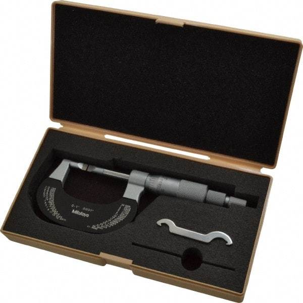 Mitutoyo - 0" to 1" Mechanical Baked Enamel Coated Blade Micrometer - 0.0002" Accuracy, 0.0001" Graduation, 0.4mm Blade Thickness, Ratchet Stop Thimble - USA Tool & Supply