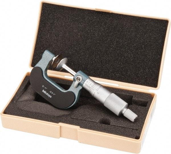 Mitutoyo - 0 to 1 Inch, 0.001 Inch Graduation, Ratchet Stop Thimble, Mechanical Disc Micrometer - 0.0002 Inch Accuracy, 20mm Disc, 6.35mm Spindle - USA Tool & Supply