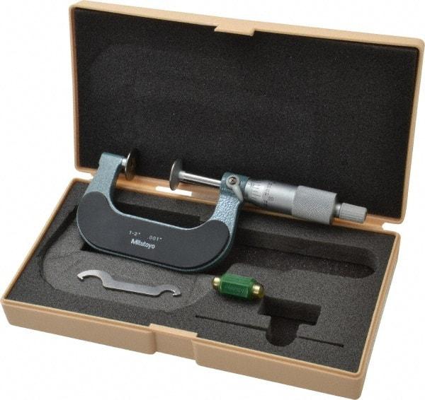 Mitutoyo - 1 to 2 Inch, 0.001 Inch Graduation, Ratchet Stop Thimble, Mechanical Disc Micrometer - 0.0002 Inch Accuracy, 20mm Disc, 6.35mm Spindle - USA Tool & Supply