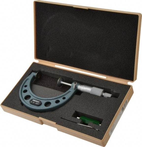 Mitutoyo - 2 to 3 Inch, 0.001 Inch Graduation, Ratchet Stop Thimble, Mechanical Disc Micrometer - 0.0003 Inch Accuracy, 20mm Disc, 6.35mm Spindle - USA Tool & Supply