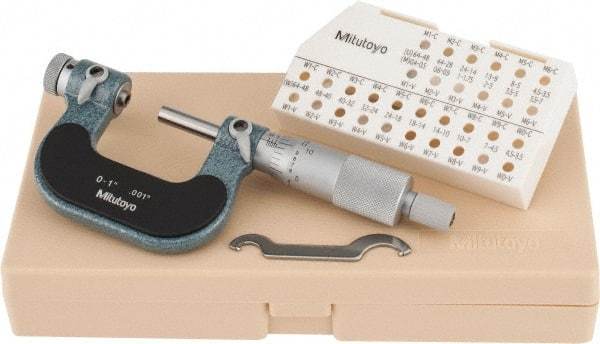 Mitutoyo - 0 to 1" Range, Mechanical Screw Thread Micrometer - Ratchet Stop Thimble, 0.001" Graduation, 0.0002" Accuracy - USA Tool & Supply