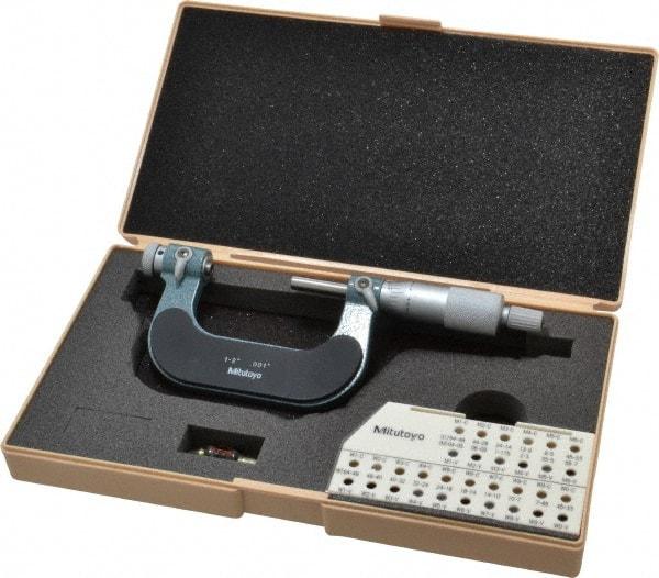 Mitutoyo - 1 to 2" Range, Mechanical Screw Thread Micrometer - Ratchet Stop Thimble, 0.001" Graduation, 0.0002" Accuracy - USA Tool & Supply