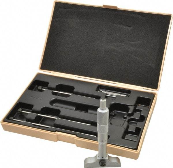 Mitutoyo - 0 to 100mm Range, 4 Rod, Satin Chrome Finish Mechanical Depth Micrometer - Ratchet Stop Thimble, 63.5mm Base Length, 0.01mm Graduation, 4mm Rod Diam - USA Tool & Supply