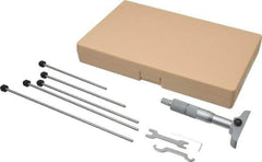 Mitutoyo - 0 to 150mm Range, 6 Rod, Satin Chrome Finish Mechanical Depth Micrometer - Ratchet Stop Thimble, 63.5mm Base Length, 0.01mm Graduation, 4mm Rod Diam - USA Tool & Supply