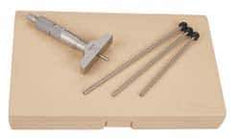 Mitutoyo - 0 to 150mm Range, 6 Rod, Satin Chrome Finish Mechanical Depth Micrometer - Ratchet Stop Thimble, 101.6mm Base Length, 0.01mm Graduation, 4mm Rod Diam - USA Tool & Supply