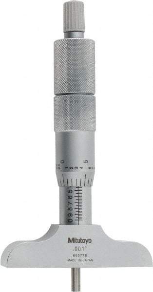 Mitutoyo - 0 to 4" Range, 4 Rod, Satin Chrome Finish Mechanical Depth Micrometer - Ratchet Stop Thimble, 2-1/2" Base Length, 0.01mm Graduation, 4mm Rod Diam - USA Tool & Supply