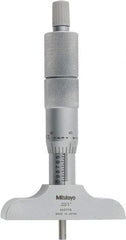 Mitutoyo - 0 to 4" Range, 4 Rod, Satin Chrome Finish Mechanical Depth Micrometer - Ratchet Stop Thimble, 2-1/2" Base Length, 0.01mm Graduation, 4mm Rod Diam - USA Tool & Supply