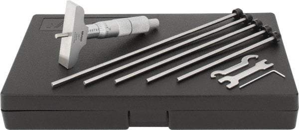 Mitutoyo - 0 to 6" Range, 6 Rod, Satin Chrome Finish Mechanical Depth Micrometer - Ratchet Stop Thimble, 2-1/2" Base Length, 0.01mm Graduation, 4mm Rod Diam - USA Tool & Supply