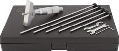 Mitutoyo - 0 to 6" Range, 6 Rod, Satin Chrome Finish Mechanical Depth Micrometer - Ratchet Stop Thimble, 2-1/2" Base Length, 0.01mm Graduation, 4mm Rod Diam - USA Tool & Supply