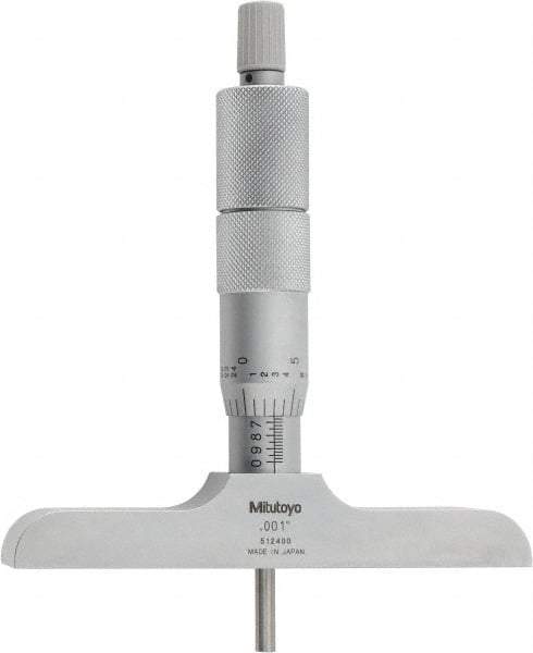Mitutoyo - 0 to 4" Range, 4 Rod, Satin Chrome Finish Mechanical Depth Micrometer - Ratchet Stop Thimble, 4" Base Length, 0.01mm Graduation, 4mm Rod Diam - USA Tool & Supply