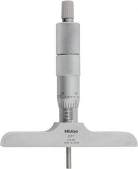 Mitutoyo - 0 to 4" Range, 4 Rod, Satin Chrome Finish Mechanical Depth Micrometer - Ratchet Stop Thimble, 4" Base Length, 0.01mm Graduation, 4mm Rod Diam - USA Tool & Supply