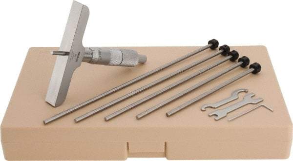 Mitutoyo - 0 to 6" Range, 6 Rod, Satin Chrome Finish Mechanical Depth Micrometer - Ratchet Stop Thimble, 4" Base Length, 0.01mm Graduation, 4mm Rod Diam - USA Tool & Supply